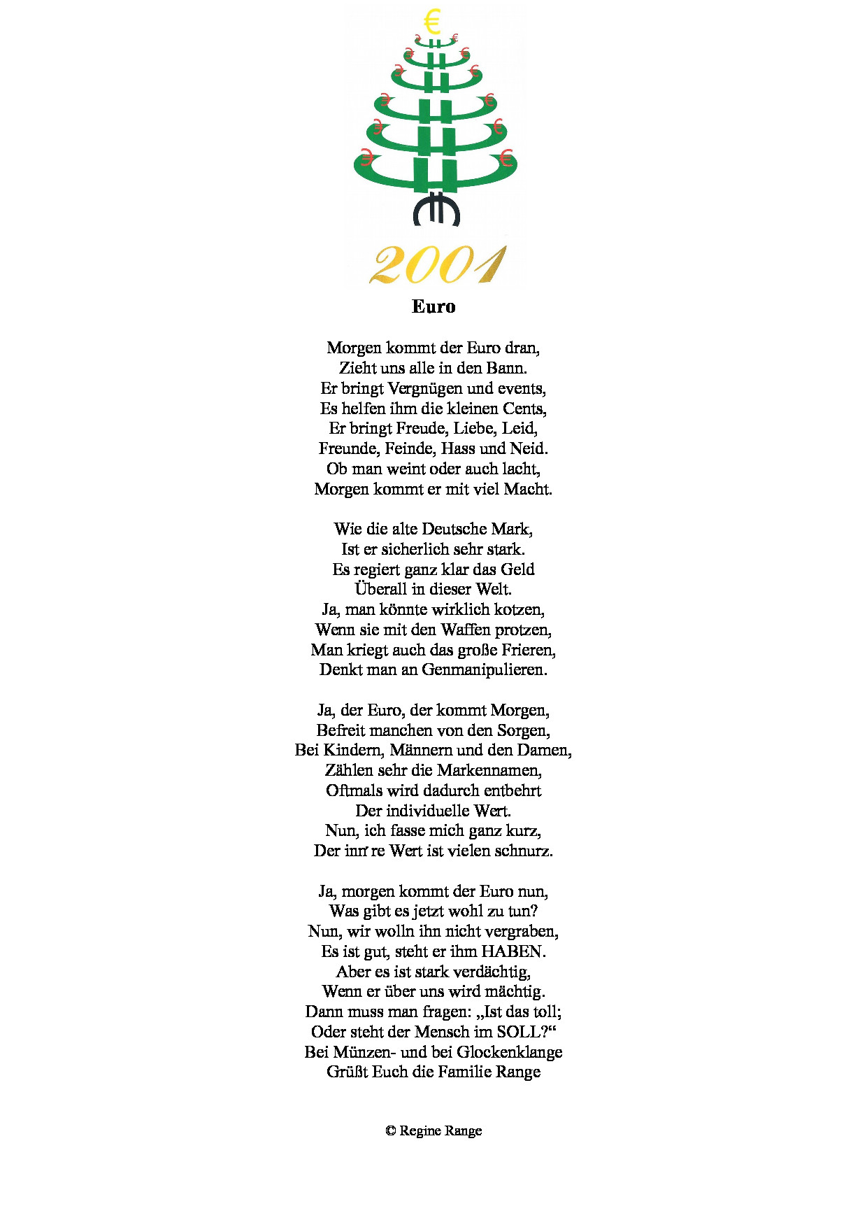 Weihnachtsgedicht Euro aus dem Jahr 2001.